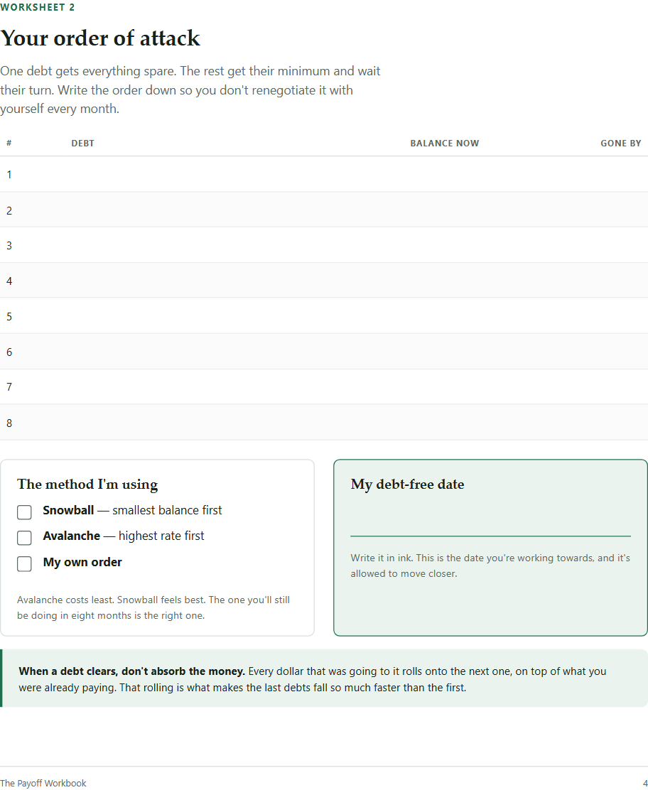 A page from the printable workbook showing the order-of-attack worksheet.