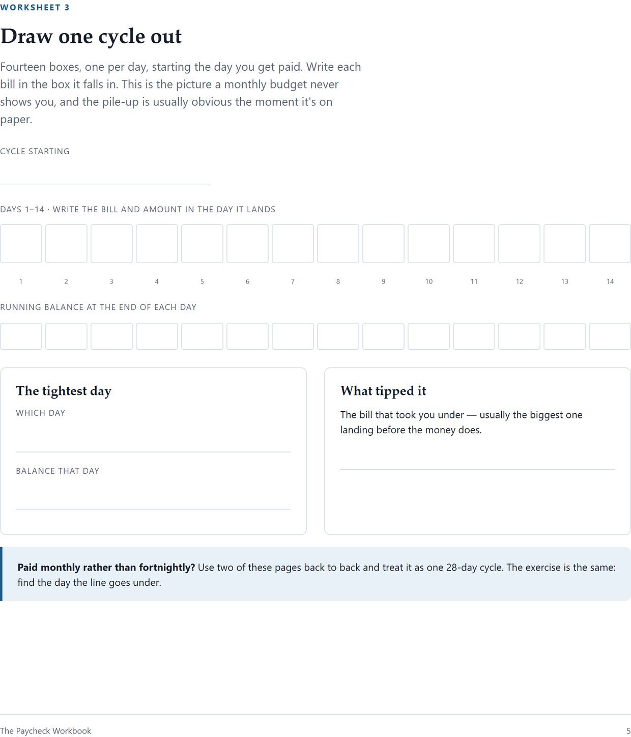 Page 5 — a fourteen-box strip for drawing one pay cycle out day by day